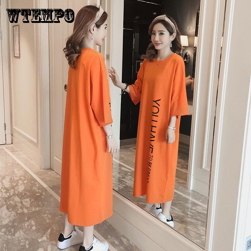 Women Dress Girl Loose O-Neck Batwing Sleeve Cotton Casual T-shirt Dress Long Style Vestido