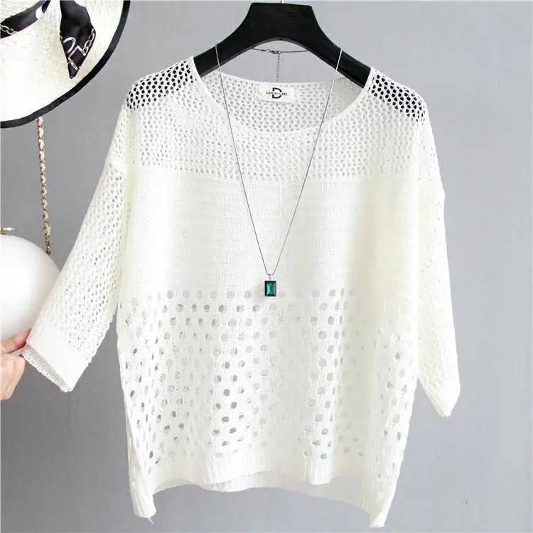 Summer Thin Bottoming Blouse Hollow Top Loose Pullover Knitted Sweater Women's Sunscreen Solid Color Breathable T-shirt