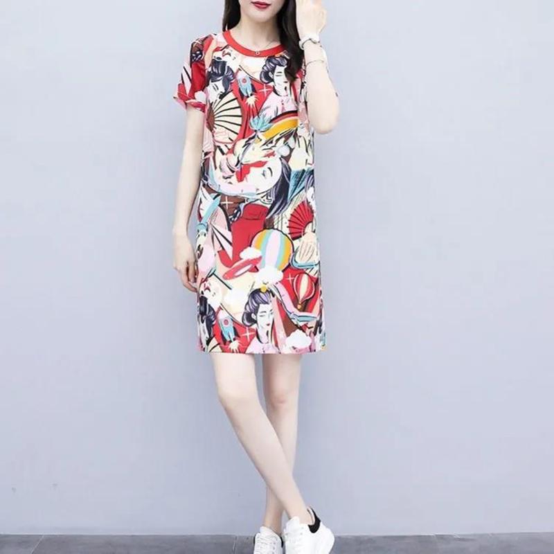 Large Size Loose and Thin Imitation Ice Silk Dress Women's Summer Mid-length Printed Dress