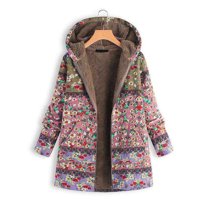 Floral Parkas for Women Plus Size Thick Warm Winter Hooded Jackets Loose Casual Long Zipper Coat Ladies Cotton Parkas