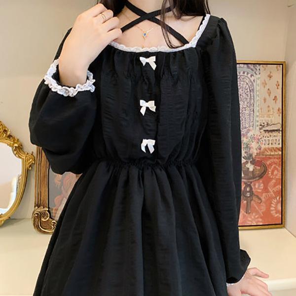 French Retro Lace Little Black Dress Soft Girl Student Cute Bow Waist Mid-length Dress Sweet and Sexy Cute