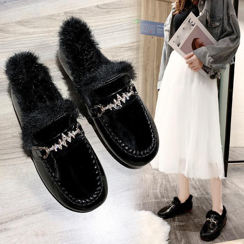 Plush Plush Shoes Women's Flat Loafers Peas Shoes Patent Leather Soft Sole Soft Surface Warm Shoes Comfortable and Warm