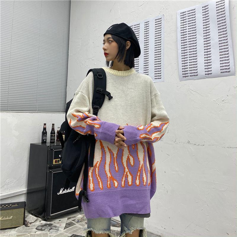 Korean Harajuku Style Flame Jacquard Sweater Women Loose Knit Pullover Sweater Outer Wear  Youth