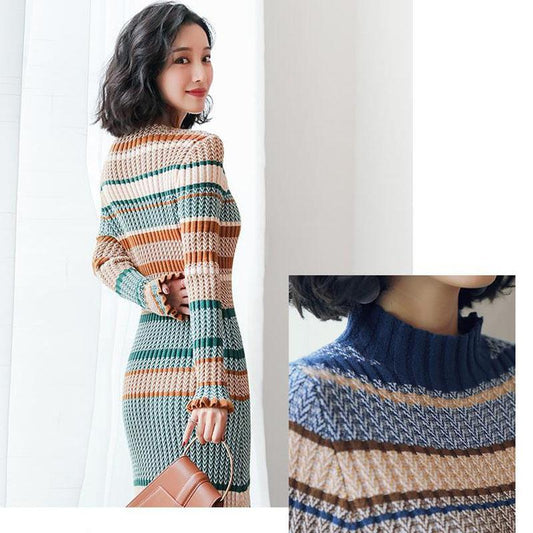 Autumn and Winter Long Knitted Dress French Retro Dress High Neck Over The Knee Women Sweater Dress