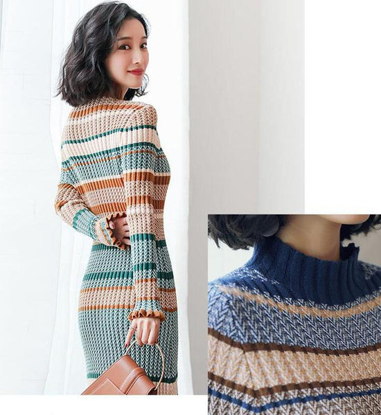 Autumn and Winter Long Knitted Dress French Retro Dress High Neck Over The Knee Women Sweater Dress