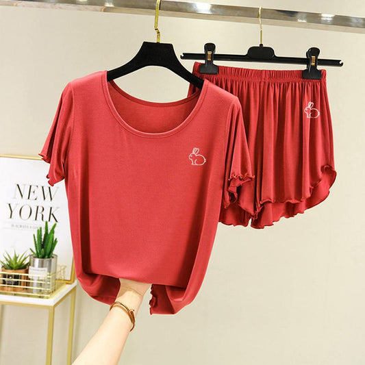 Women's Modal Pajamas Set Summer Thin Loose Large Size Short-sleeved T-shirt Fungus Edge Shorts Homewear Two-piece Set