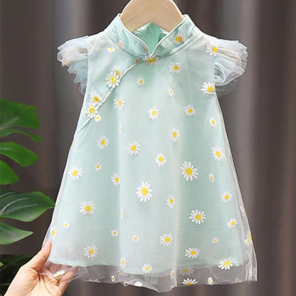 Girls' Skirt Summer Children's Princess Skirt Cheongsam Children's Mesh Ruffle Dress Ethnic Style Daisy Cheongsam Baby Girl Dress