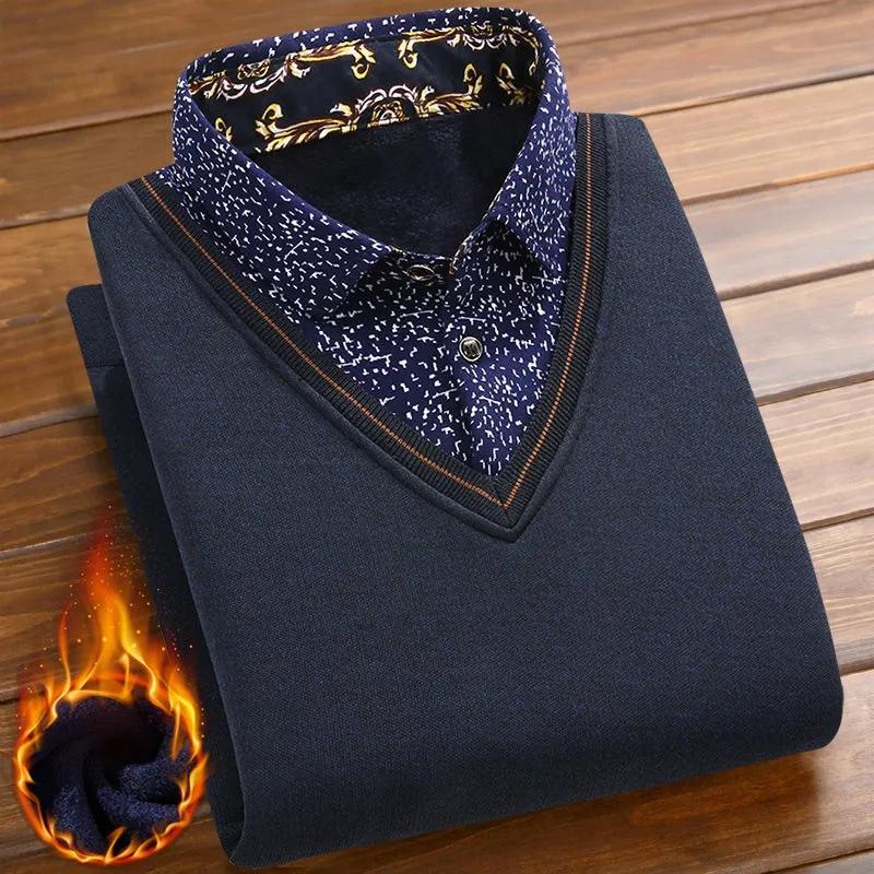 Men's Autumn and Winter Plus Velvet Thick Shirts Fake Two-piece Sweater Comfortable Warm Knitwear Bottoming Shirt Top Printing Business T-shirt