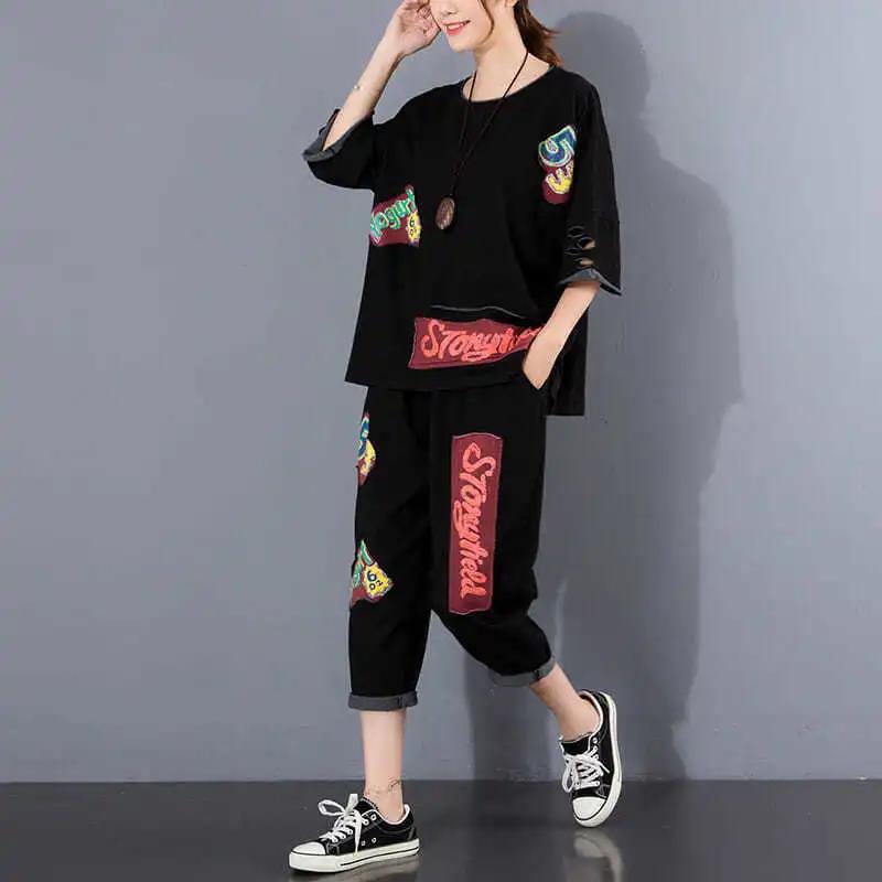 Summer New Loose Large Size Ripped Jacket Patch Printed Casual Two-piece Suit Women