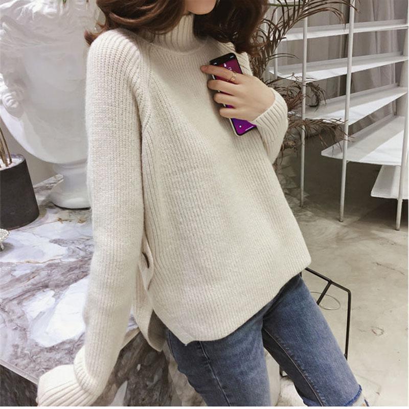 Autumn and Winter Half Turtleneck Sweater Long-sleeved Loose Thick Coat Pure Color Young Women's Knitted Top