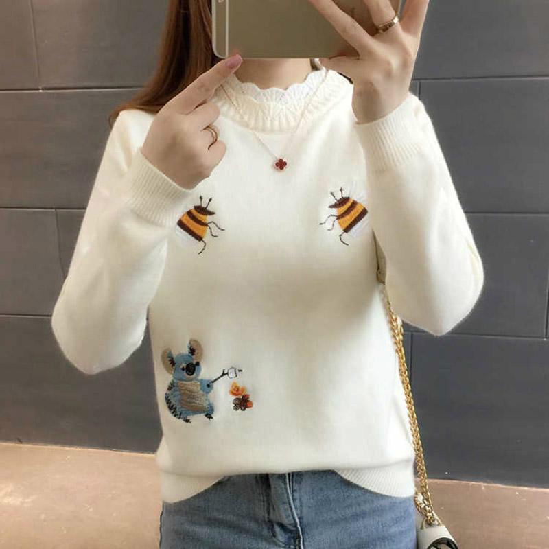 Printed Sweater Spring and Autumn Sweater Female Round Neck Short Sweater Solid Color High Collar