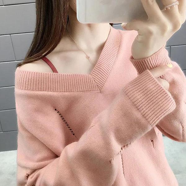 Women's Large Size Solid Color Versatile Loose Knitted Tops Spring and Autumn Long Sleeve Casual V-neck Sweaters