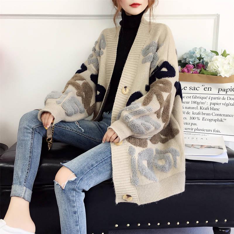 Women's loose wild knitted sweater coat long sleeve sweater cardigan sweater women's clothing