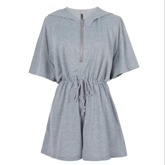 WTEMPO Sportswear Women Summer Loose Hooded Waist Casual Big Pocket Zipper Student Jumpsuit