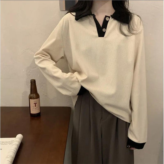 Retro Lapel Long-sleeved Knitted Sweater Women's Loose Striped Bottoming Shirt Inner Top Pullover T-shirt