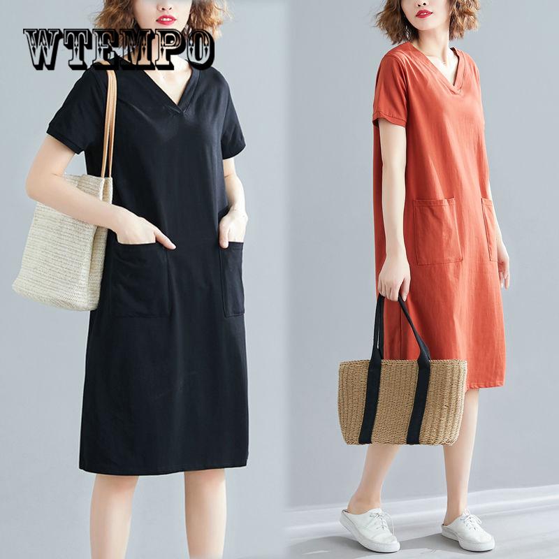 2019 Women Elegant O Neck Half Sleeve Pocket Loose Party Dress Half Sleeve Solid dresses robe femme