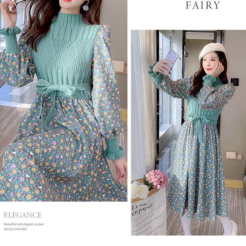 Autumn  Winter Corduroy Dress Women's Knitted Stitching Long-sleeved Long Floral Dress Sweet A-line Dress with Belt