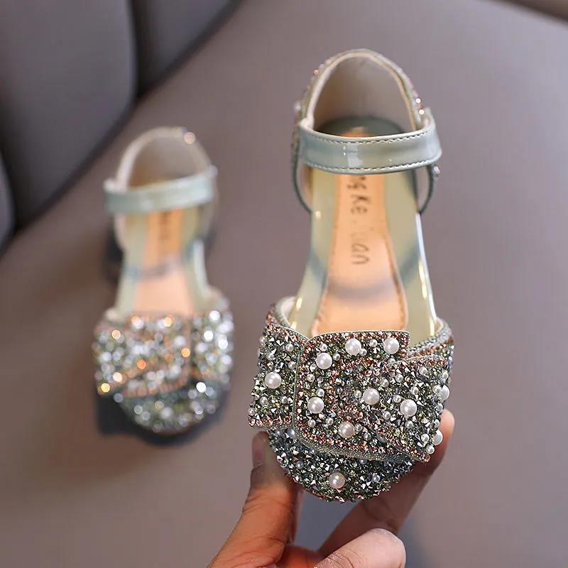 Girls Princess Shoes Non-slip Spring and Autumn Rhinestone Pearl Leather Shoes Children's Shoes Korean Soft Sole Baby Shoes