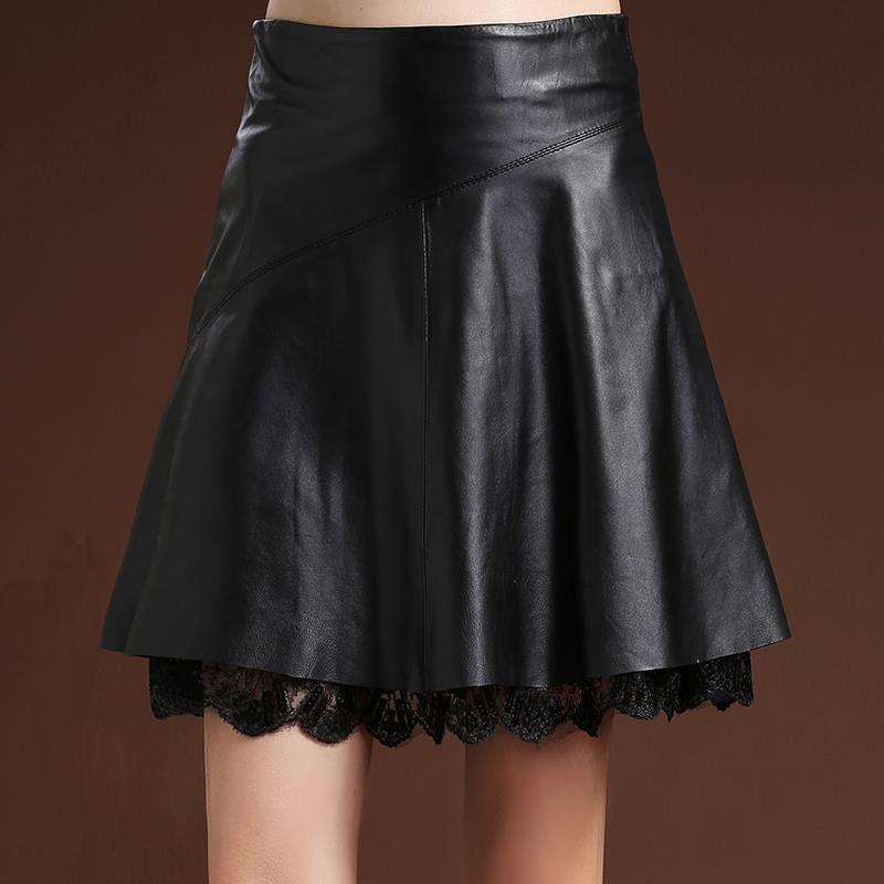 Women's Plus Size Leather Skirt High Waist Sexy Lace Stitching A-line Skirt Autumn Winter Sexy Pleated Skirt