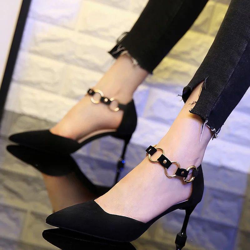 Spring Korean Version of All-match High Heels Pointed Toe Stiletto High Heels Women's Buckle High Heels Shoes Mid-heel