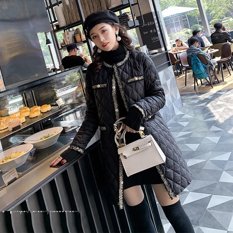 Cotton-padded Jacket Women Winter Korean Woven Diamond Lattice Light and Thin Mid-length Cotton-padded Jacket Women's Padded Jacket