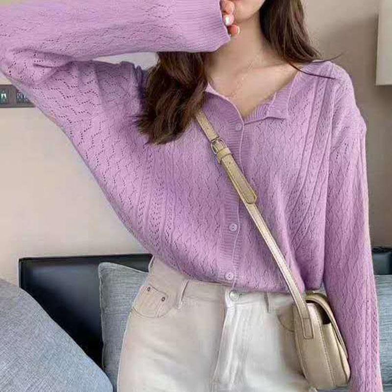 Spring and Autumn Solid Color Button Sweater Loose Fashion Cardigan Jacket Hollow Knitted Women's Top