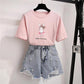 Fashion Women's Denim Shorts Set Summer T-Shirt Ripped Shorts Two-Pieces Sets Loose T-shirt Set