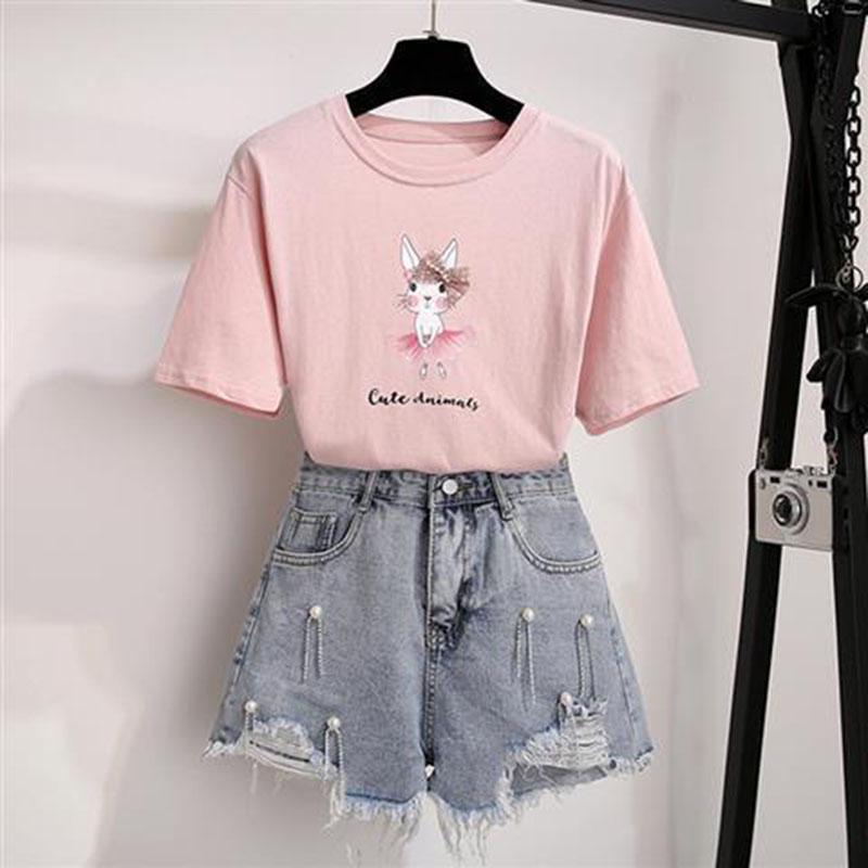 Fashion Women's Denim Shorts Set Summer T-Shirt Ripped Shorts Two-Pieces Sets Loose T-shirt Set