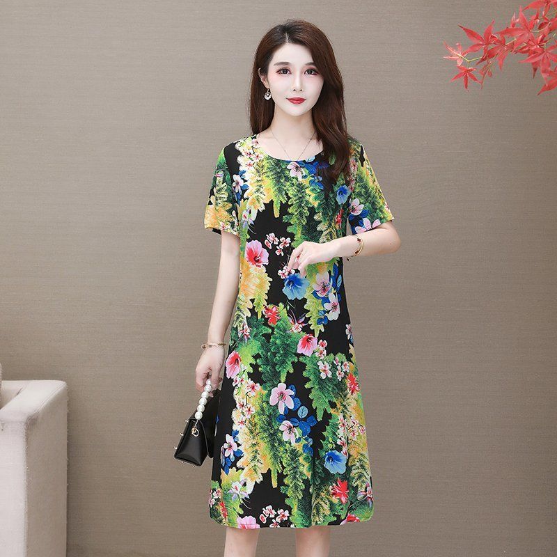 Women's Printed Mid-length Dress Casual Summer Short-sleeved O-neck Thin Cotton Dress Fat Sister Dress Loose Casual Thin Dress Light and Breathable