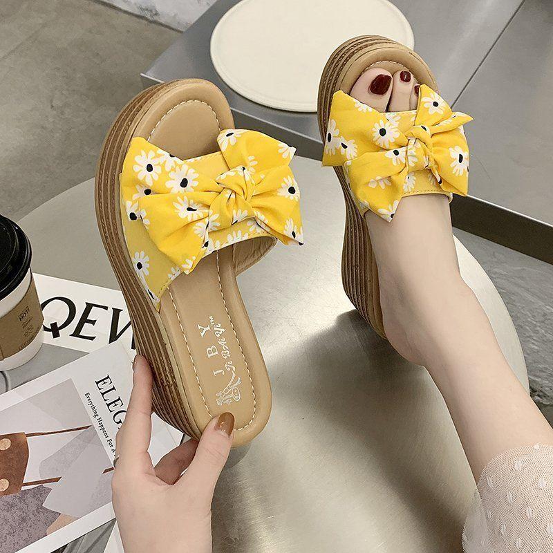 High-heeled Thick-soled Slippers Women's Summer One-word Thongs Are Thin and Heightened Bow Beach Sandals and Slippers