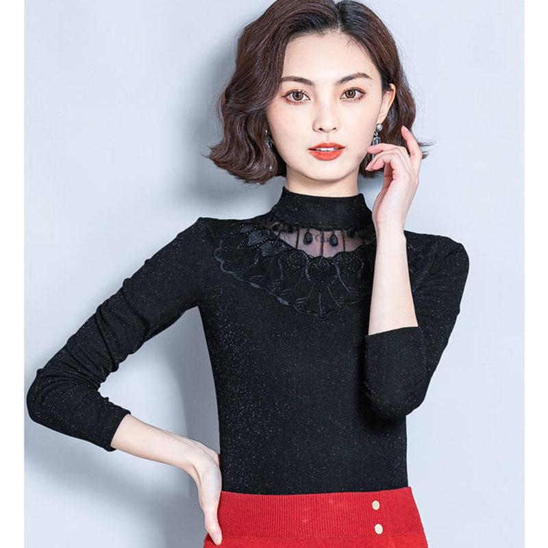 Women Autumn Winter Plus Velvet  Lace Thick Pullover Tight Sexy Bottoming Sweaters Long Sleeve