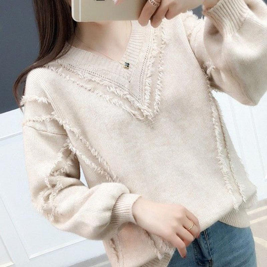 Spring and Autumn V-neck Sweater Pullover Solid Color Long-sleeved Casual Jacket Loose Young Women's Bottoming Shirt