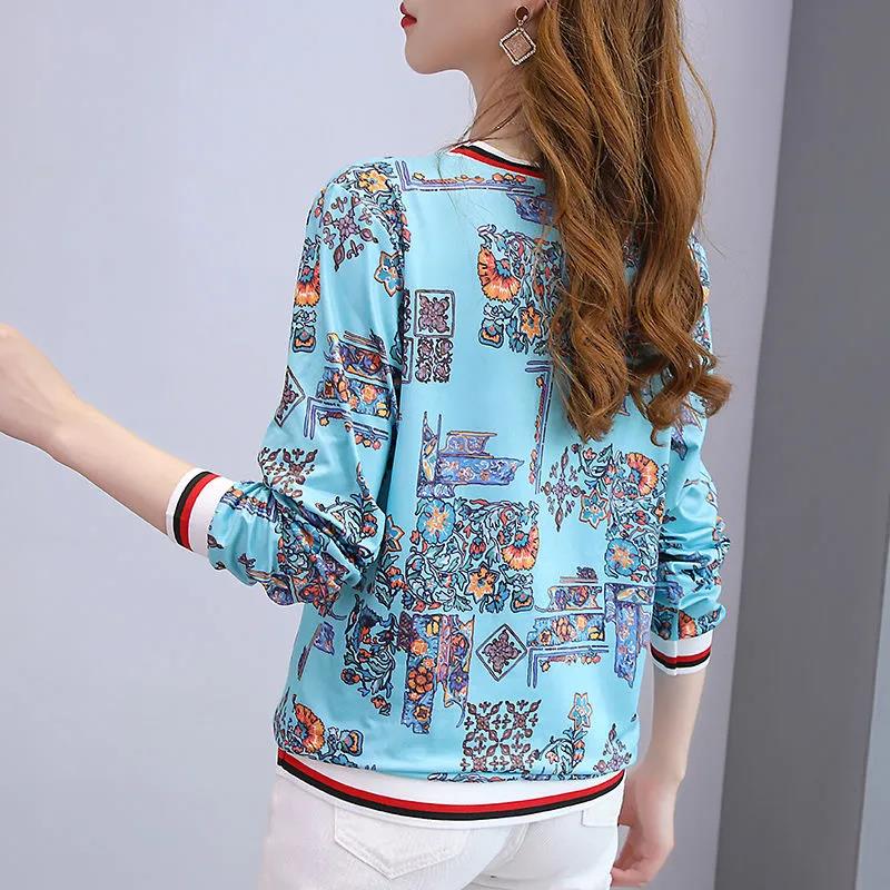 Spring and Autumn Women's Long Sleeve T-Shirt Large Size Loose Round Collar Versatile Tops Female Casual Printed Blouse