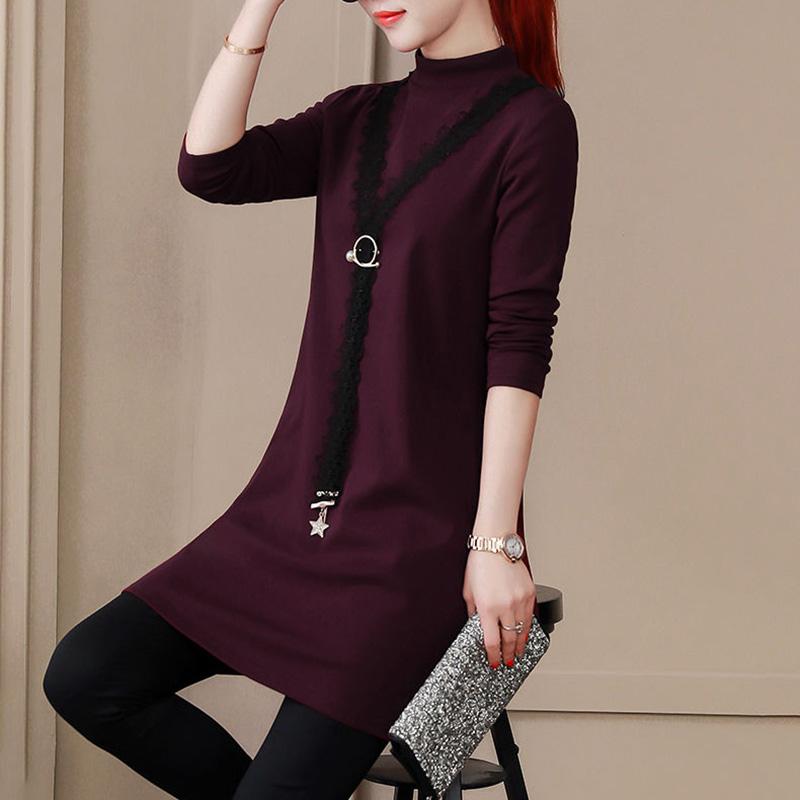 Autumn and Winter Mid-length Thick Top Solid Color Half-high Collar Long-sleeved T-shirt Round Neck Slim Bottoming Shirt Women