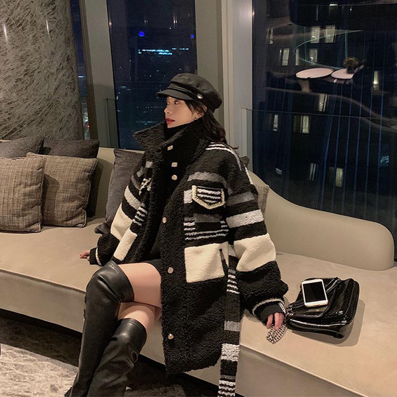 Fashion Black and White Lamb Hair Small Fragrant Wind Women's Jacket Mid-length Thick Lamb Wool Plush Jacket