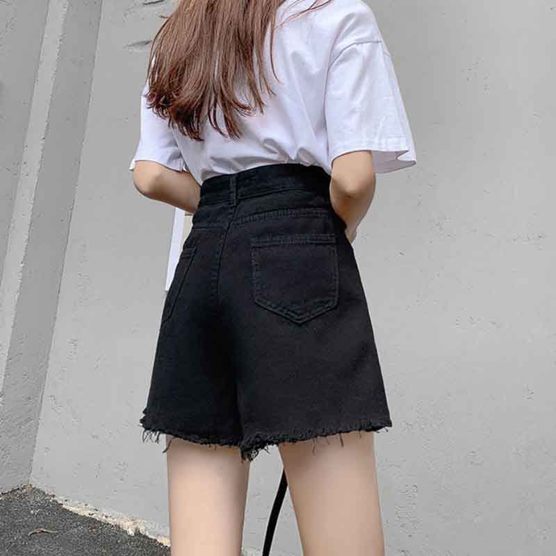 Denim Shorts Women's High Waist Summer Korean Style Loose and Thin A-line Ripped Pants