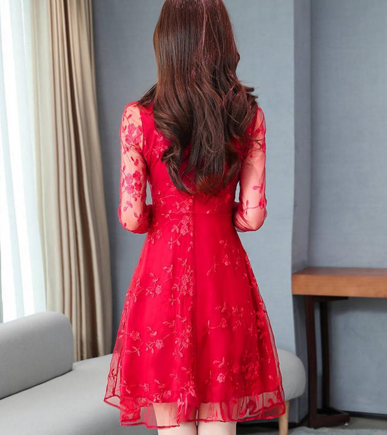 Fashion Sexy Lace Dress Spring Summer Knee-length V-neck Mesh Hollow Full Sleeve Party Dress