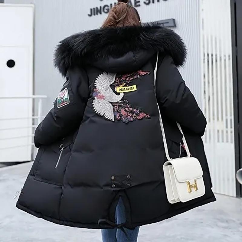 Winter Jacket Fur Collar Hooded Parkas Hooded Thicken Warm Plus Size Down Coats Women Crane Embroidery Fashion Streetwear Harajuku Hip Hop Jackets