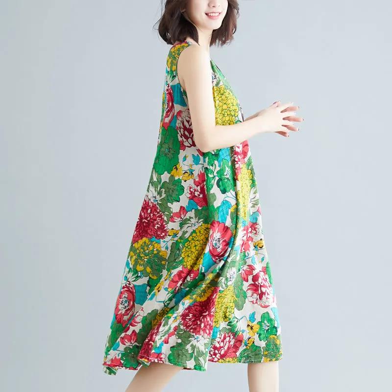 Ethnic Style Big Swing Dress Female Summer Sleeveless Sling Large Size Printing Mid-length Skirt Fabric Is Light Breathable Loose and Comfortable