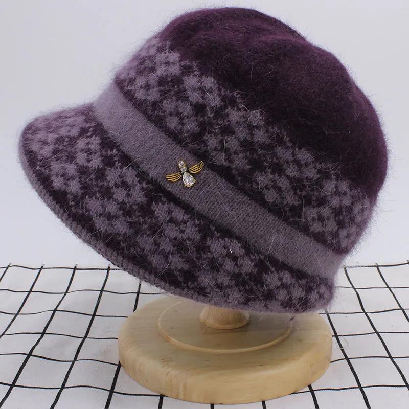 Ladies Autumn Winter Warm Rabbit Woolen Hat Mother's Knitted Hat with Velvet Thickening Rhinestone Decoration Cap High Quality Cold Proof Hat Headgear