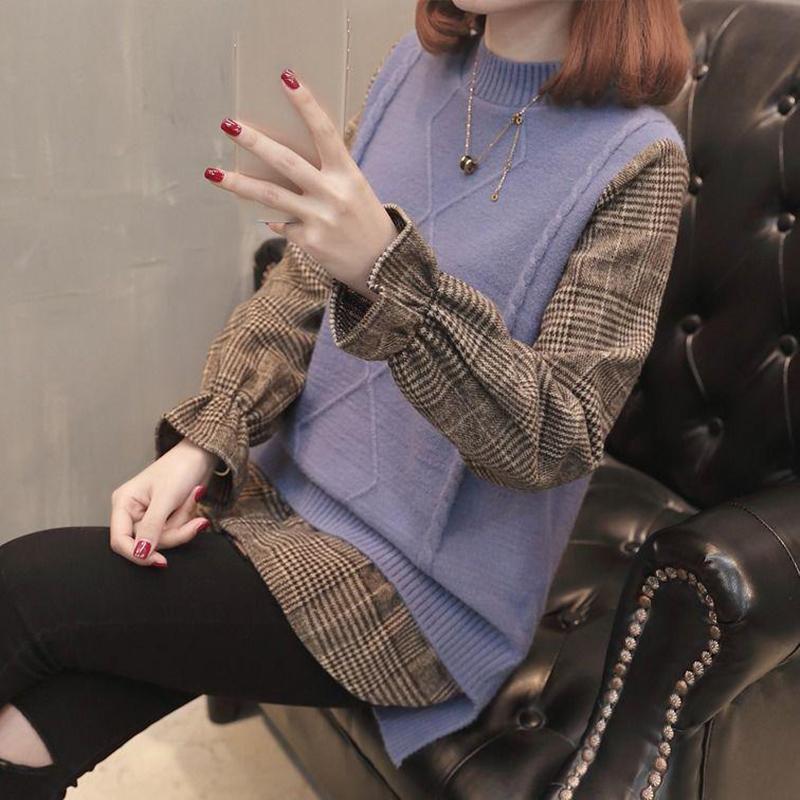 Pofulove Fake Two Sweater Blouse Winter Stitching Loose Lattice Flared Sleeve Pullover Sweater