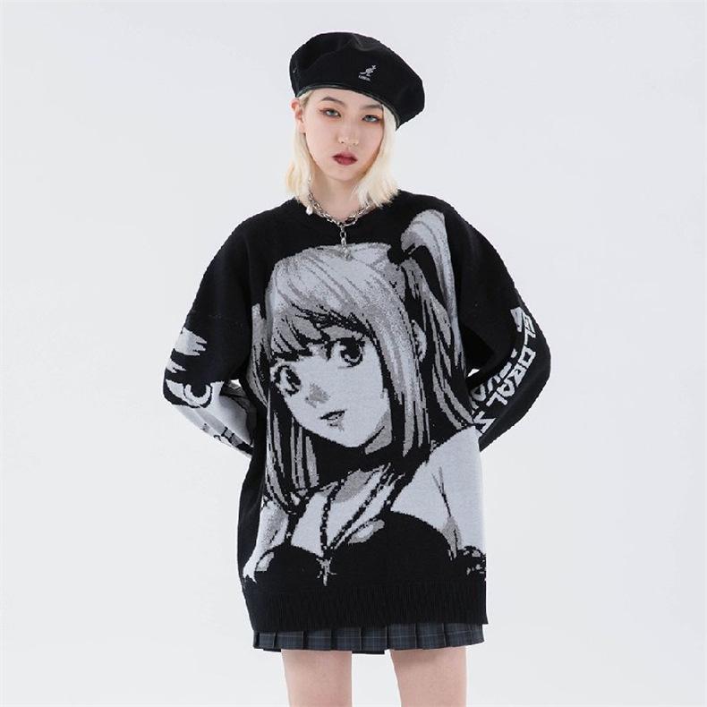 Women Hip Hop Streetwear Harajuku Sweater Vintage Retro Japanese Style Anime Girl Knitted Sweater Autumn Winter Cotton Pullover O Neck Loose Jumper