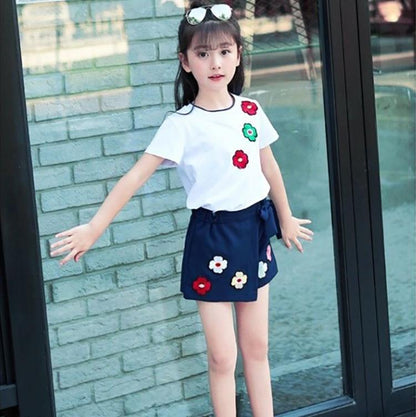 2PCS Children Clothing Set Spring Summer Girls Suits Embroidery Short Sleeve Tops + Pants Clothing Set