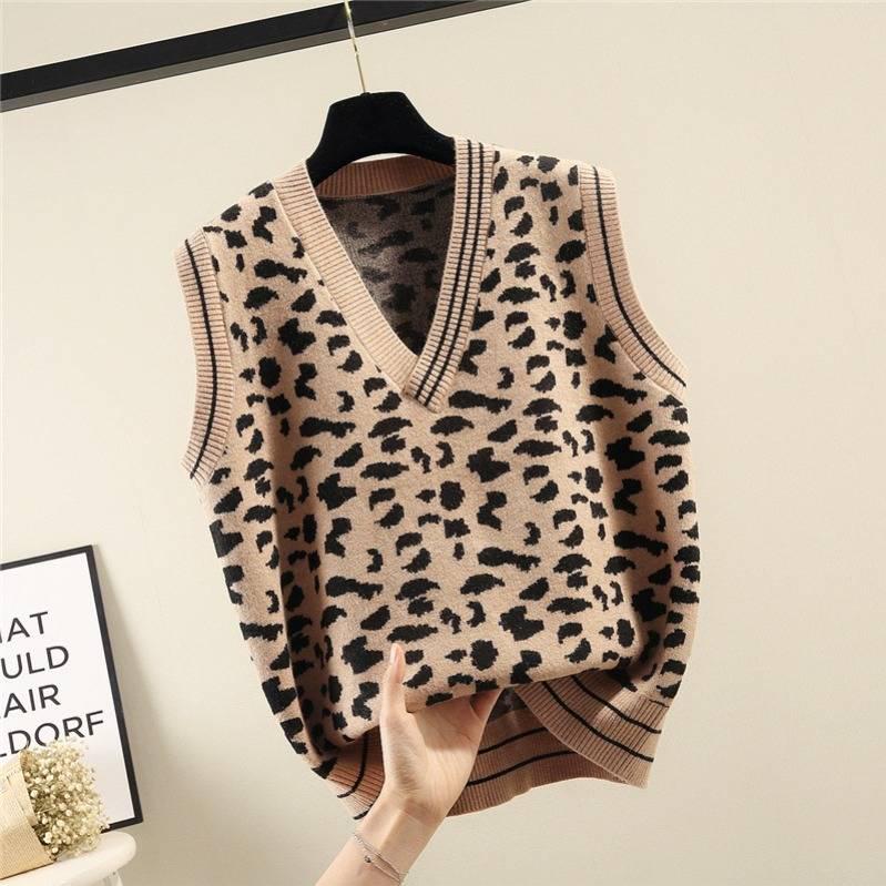 Leopard V-neck Sweater Vest Women's Loose Wild Pullover Knitted Sleeveless Sweater