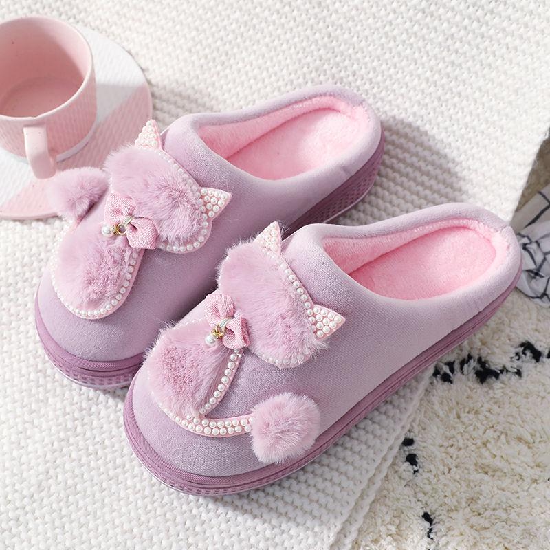 Winter Women's High-heeled Thick-soled Home Cotton Slippers Anti-slip Plush Slippers Confinement Shoes