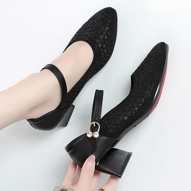 Women's High-heeled Sandals Mesh Sandals Hole Shoes Hollow Breathable Single Shoes Soft Sole Mid-heel Shoes