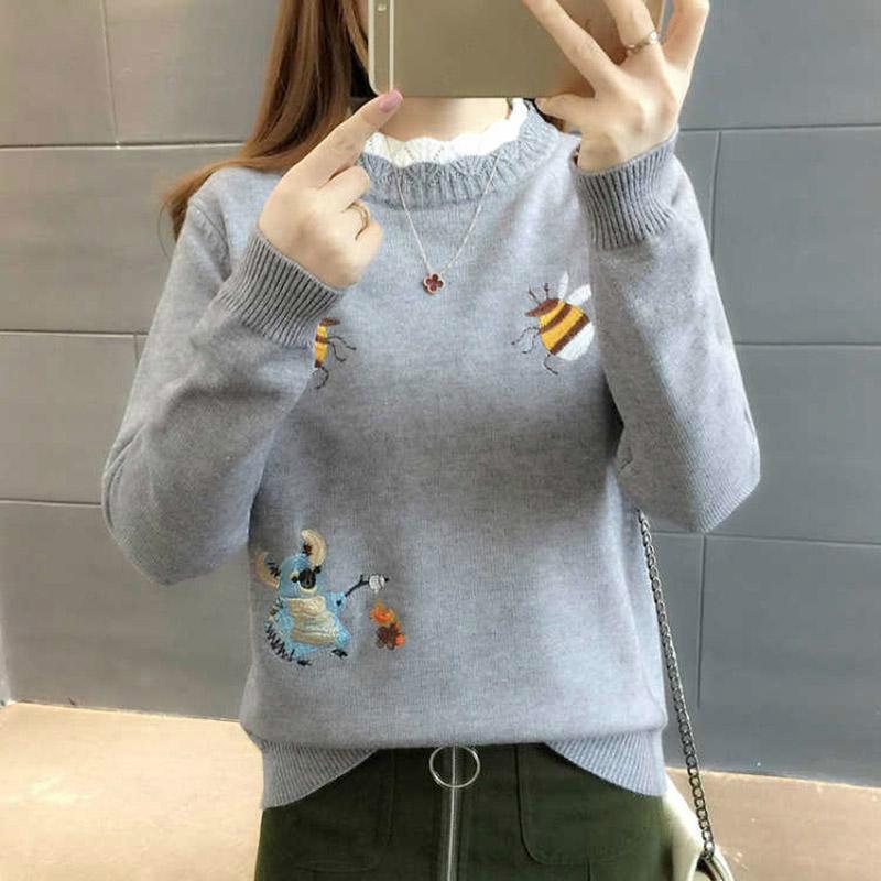 Round Neck Short Sweater Solid Color High Collar Print Sweater Spring and Autumn Sweater Women