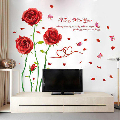 [Wall sticker ]Red Rose Butterfly Wall Stickers Home Decor Living Room Bedroom Kitchen Baby Room Diy