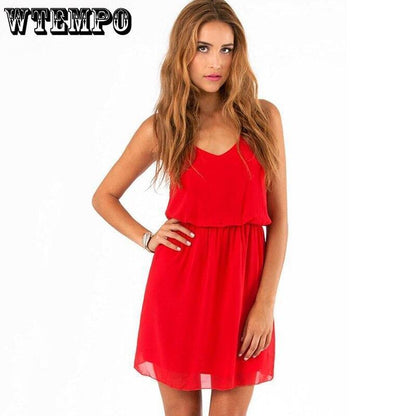 Summer Sling Beach Dress Women Double Spaghetti Straps V Neck Sleeveless Sexy Mini Dresses Black Red Solid Color