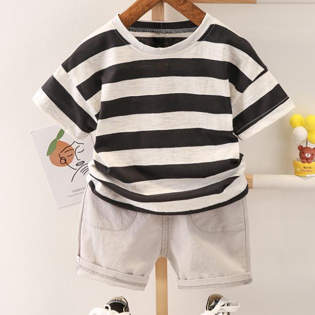 Summer Korean Short Sleeve Children's Suit Boys' and Girls' 0-4-year-old Round Neck Striped T-shirt Shorts Two-piece Children's Suit